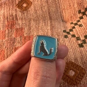 Silver Ring with Turquoise Inlay and Wolf Design w/ Mushrooms on sides